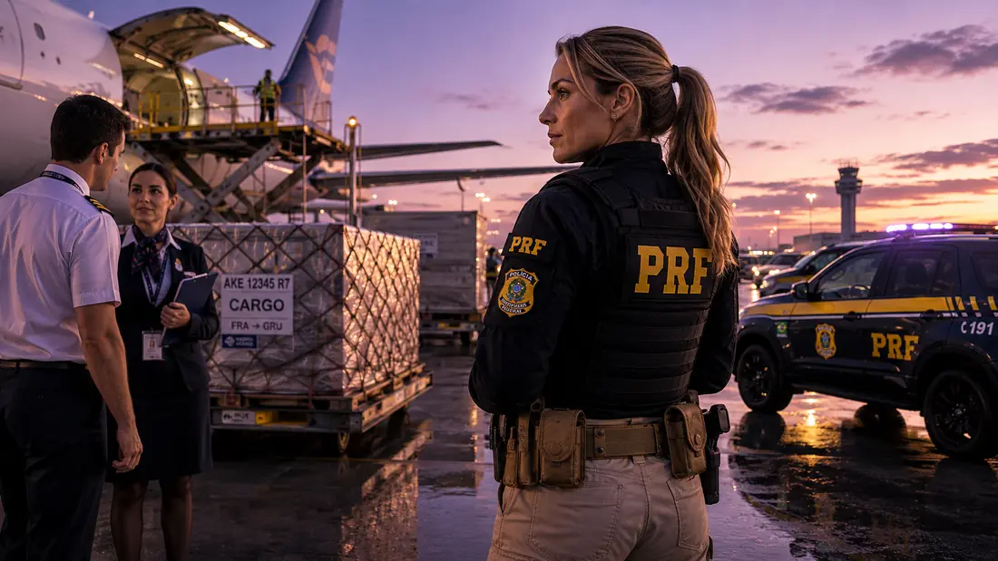 Policial rodoviária federal em pátio de aeroporto próximo a cargas e tripulação