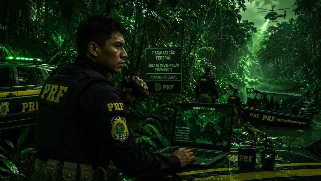 Policial rodoviário federal em operação na floresta amazônica com equipe e embarcação