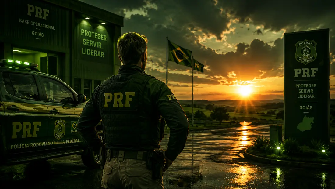 Policial rodoviário federal diante de base operacional da PRF em Goiás ao pôr do sol