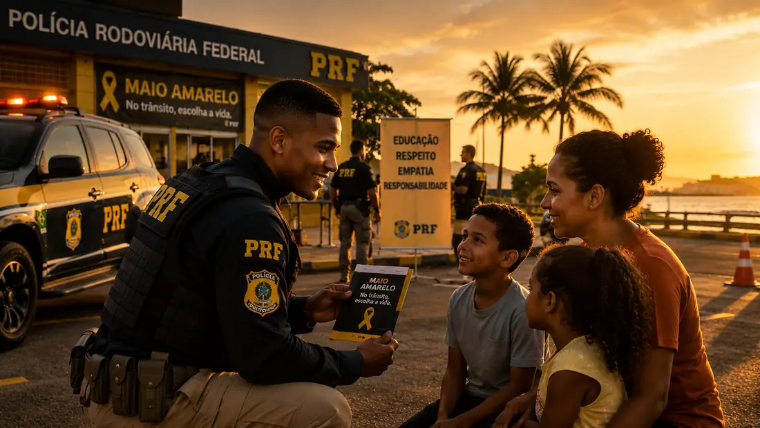 Policial rodoviário federal conversando com uma família durante campanha Maio Amarelo