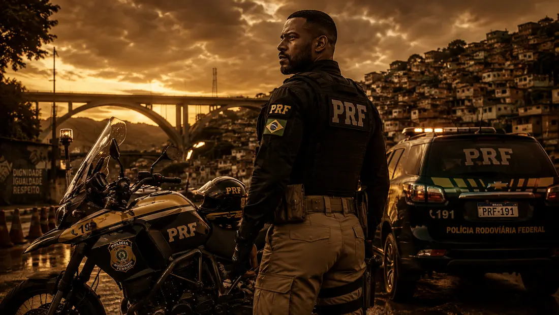 Policial rodoviário federal ao lado de motocicleta e viatura da PRF em área urbana