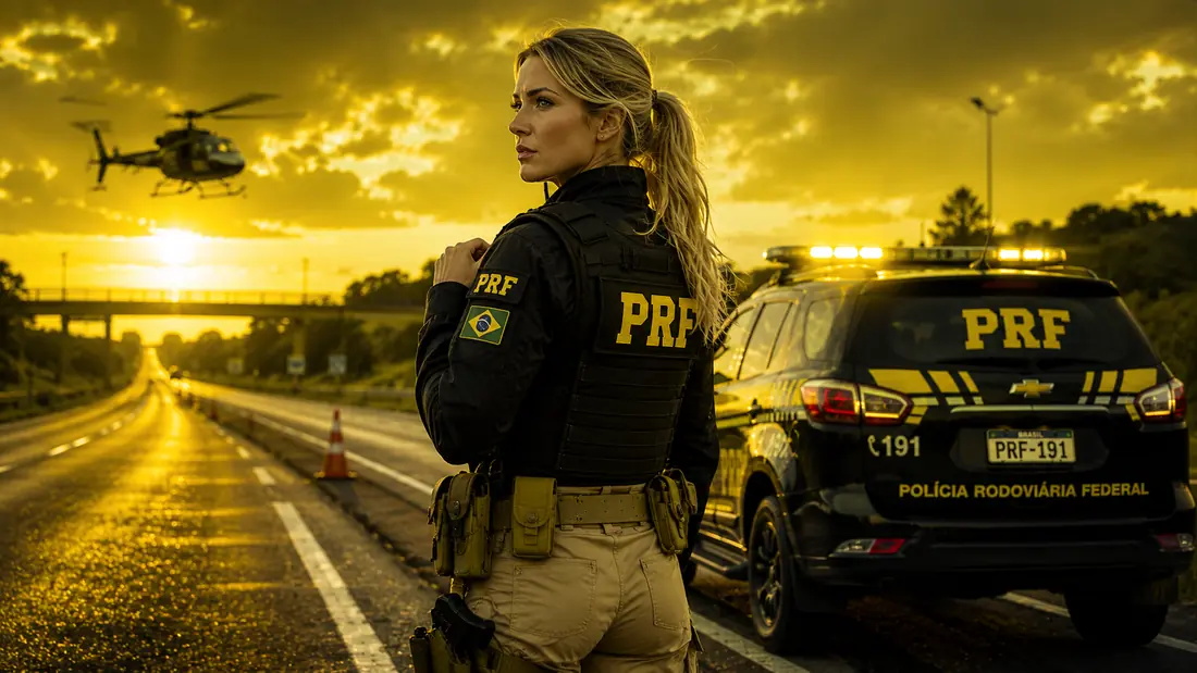Policial rodoviária federal na rodovia ao entardecer, com helicóptero e viatura da PRF