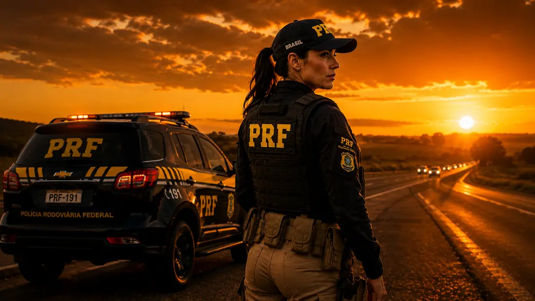 Policial rodoviária federal ao lado da viatura em rodovia ao pôr do sol