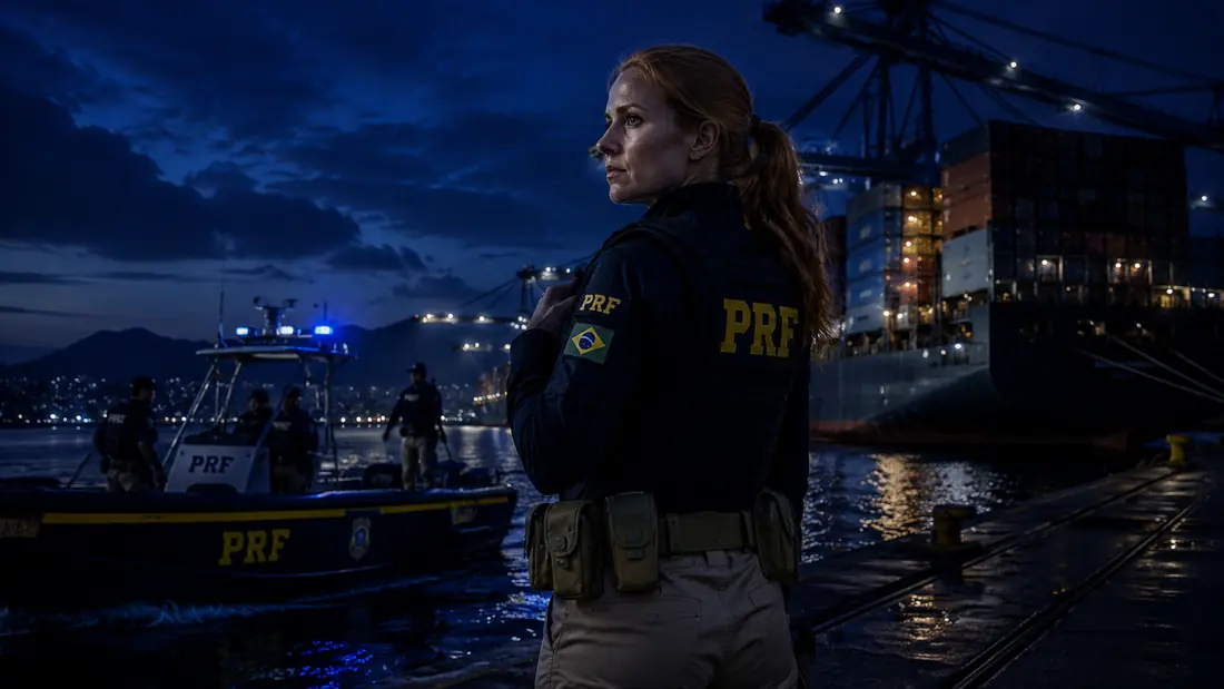 Policial rodoviária federal em porto à noite, com lancha e equipe da PRF