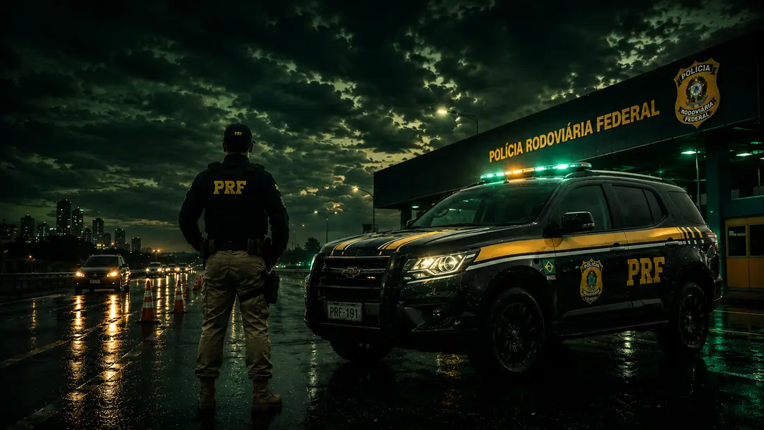 Policial rodoviário federal à noite ao lado de viatura em frente a posto da PRF