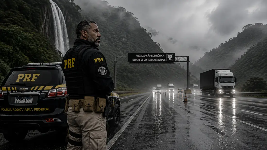 Policial rodoviário federal em rodovia de serra sob chuva, com caminhões e pórtico de fiscalização eletrônica